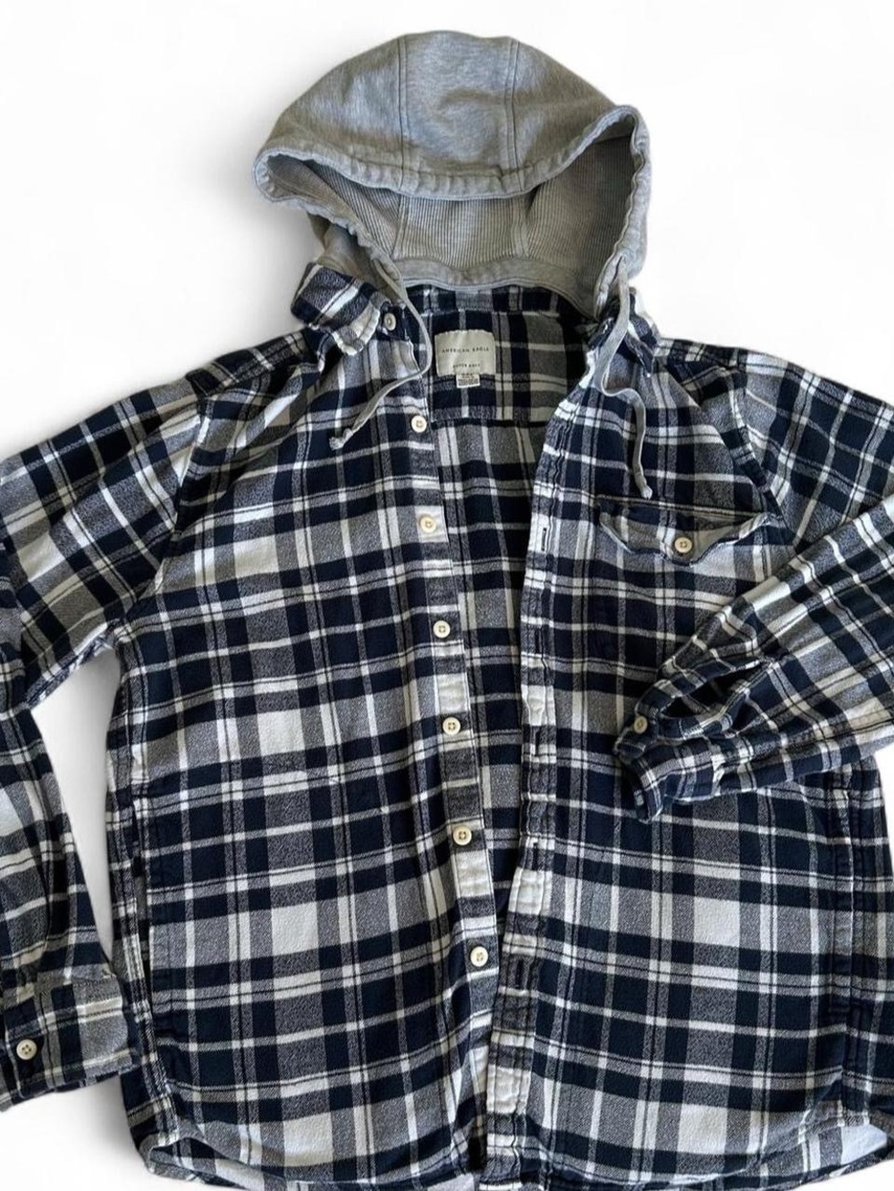 American Eagle Outfitters Navy & Gray Plaid Hooded Flannel